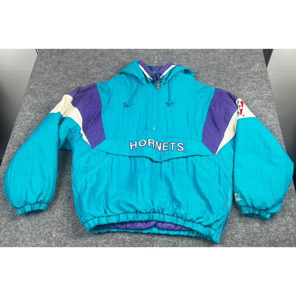 Vintage Starter Charlotte Hornets NBA Puffer Jacket Teal Purple XL 90s Pullover